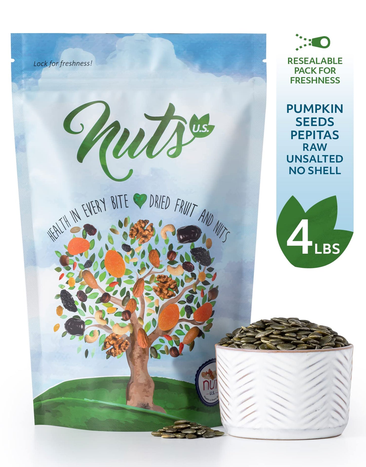 Nuts U.S. - Pumpkin Seeds (Pepitas) | Raw And Unsalted | No Shell | Aa Grade | Vegan And Gluten Free | Packed In A Resealable Bag!!! (4 Lb)