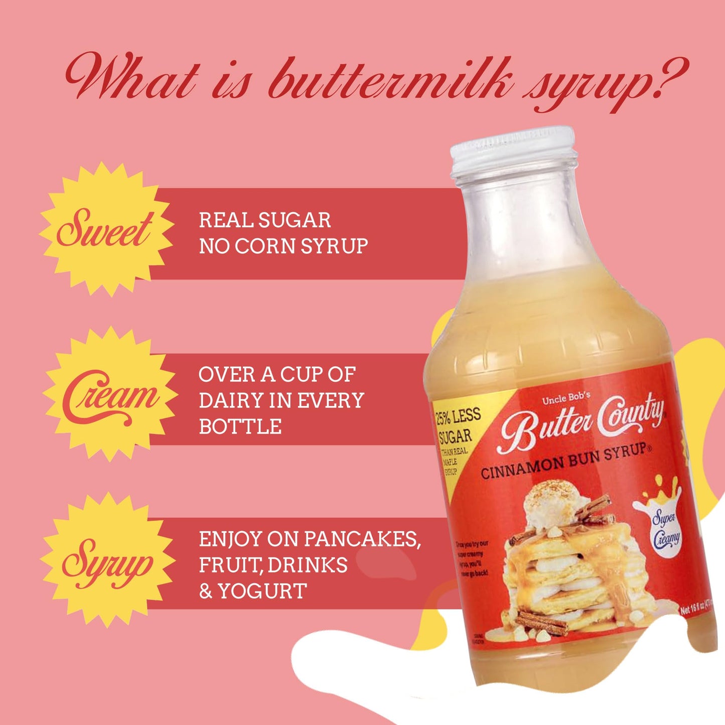 Uncle Bobs Butter Country Buttermilk Syrup, Cinnamon Bun Flavor, 16 Fl Oz (Pack of 2)