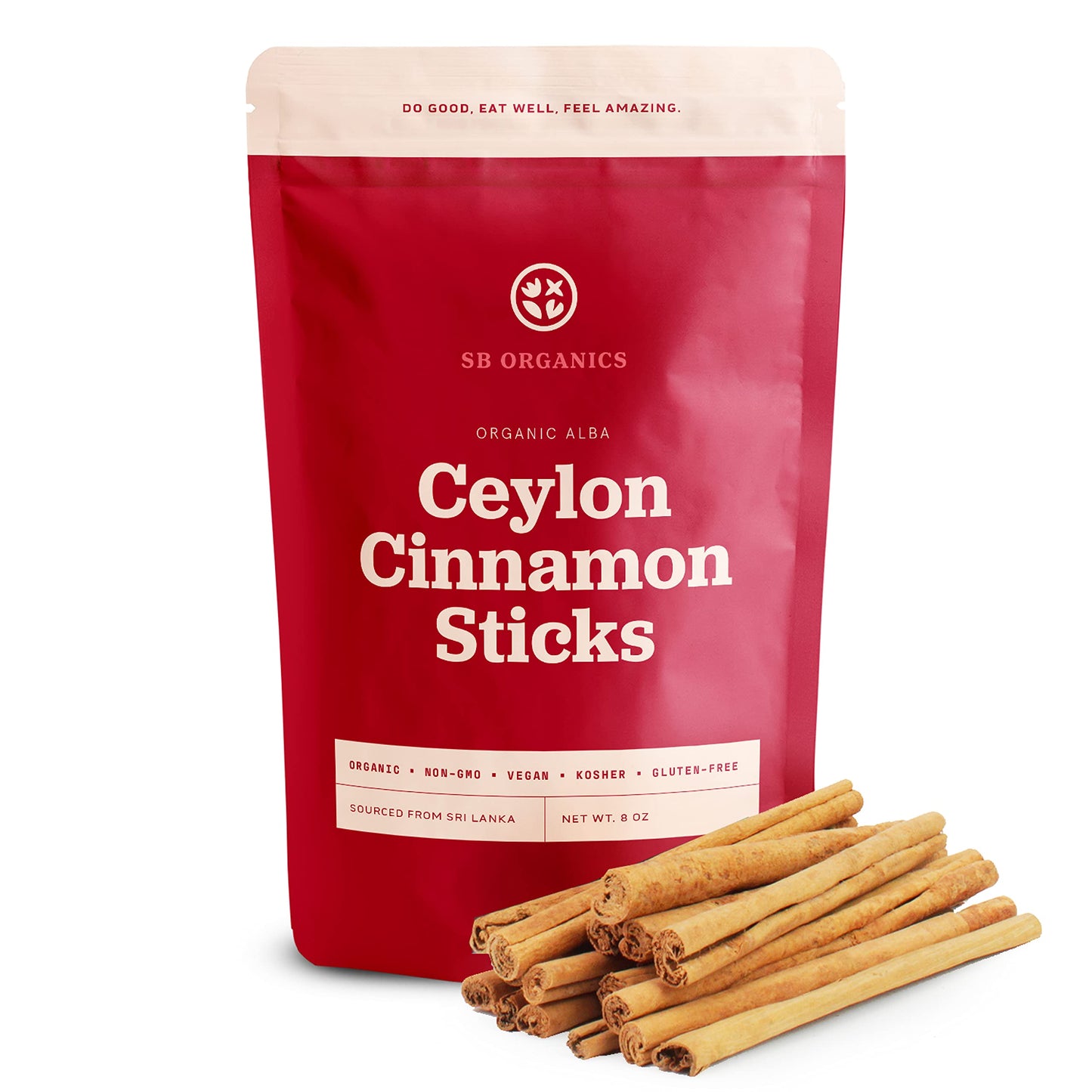 SB Organics Ceylon Cinnamon Sticks - 8 oz Bag of Organic Alba Grade Non-GMO Vegan Kosher True Cinnamon Stick from Sri Lanka - Fr