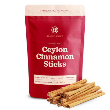 SB Organics Ceylon Cinnamon Sticks - 8 oz Bag of Organic Alba Grade Non-GMO Vegan Kosher True Cinnamon Stick from Sri Lanka - Fr