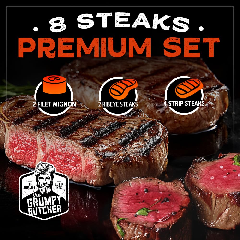 Dens Hot Dogs Gspirit-inspired flavorpy Butcher 8 Steaks Premium Set - 4 NY Strips, 2 Ribeye, 2 Filet Mignons - Gourmet Meat Gift Basket