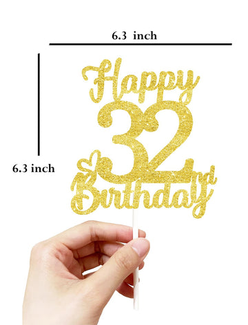 32 Birthday Cake Toppers - Gold Glitter, 32Nd Birthday Decorations For Men & Women