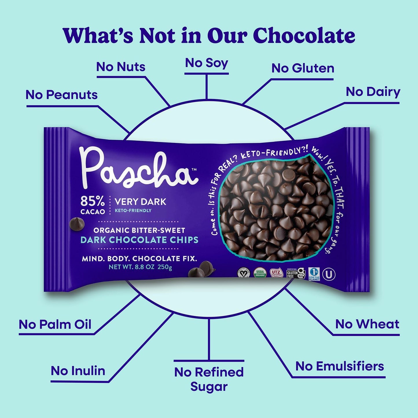 Pascha Organic Extra Dark Chocolate Chips - 85% Cacao Bittersweet - Vegan, Keto-Friendly Baking Chips - Rainforest Alliance Cert