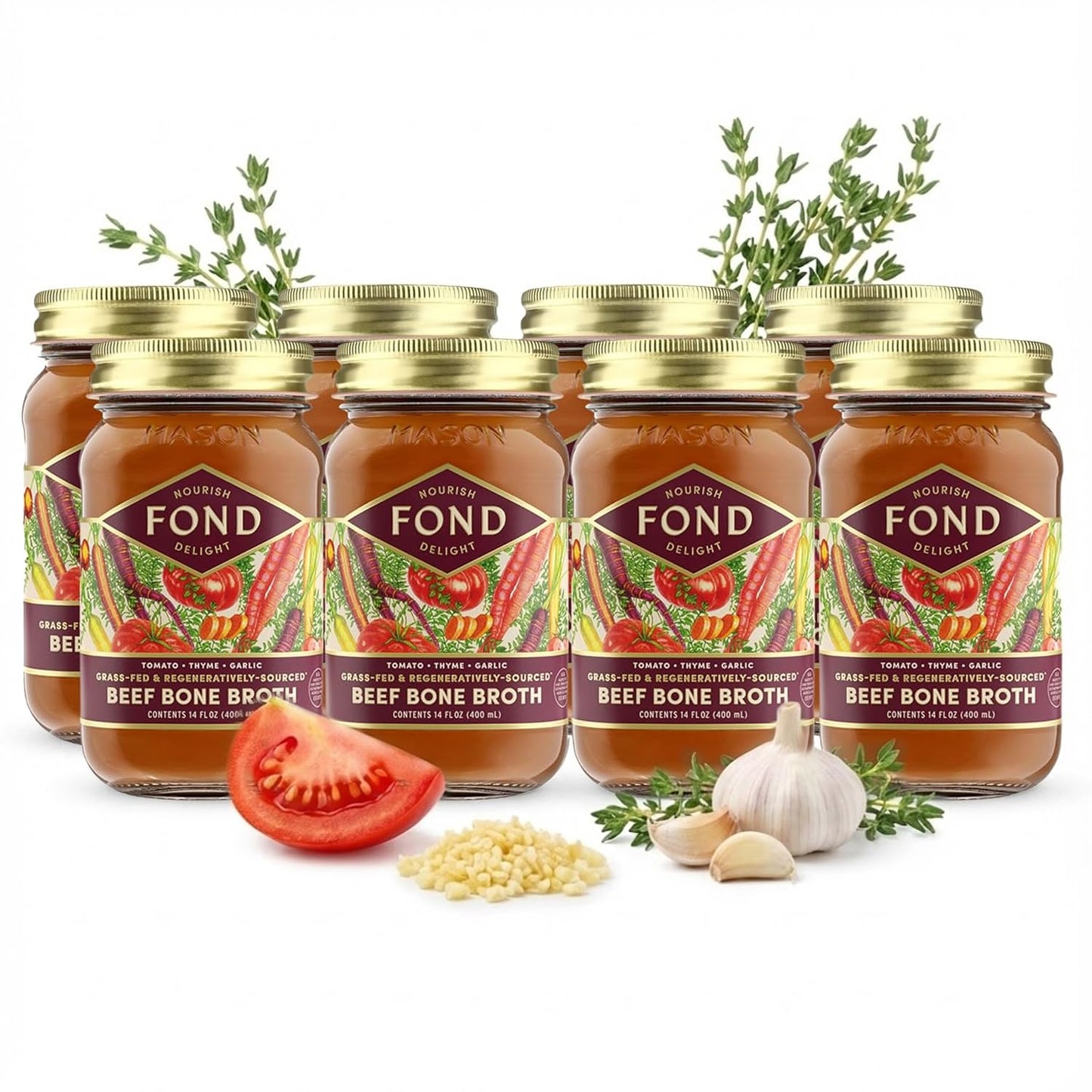 Fond Regenerative Grass Fed Beef Bone Broth Infused With Organic Tomato & Thyme – Slow-Simmered Beef Broth For Rich And Nourishing Flavor, Nutrient-Dense, Artisan Quality – 14 Oz (8-Pack)