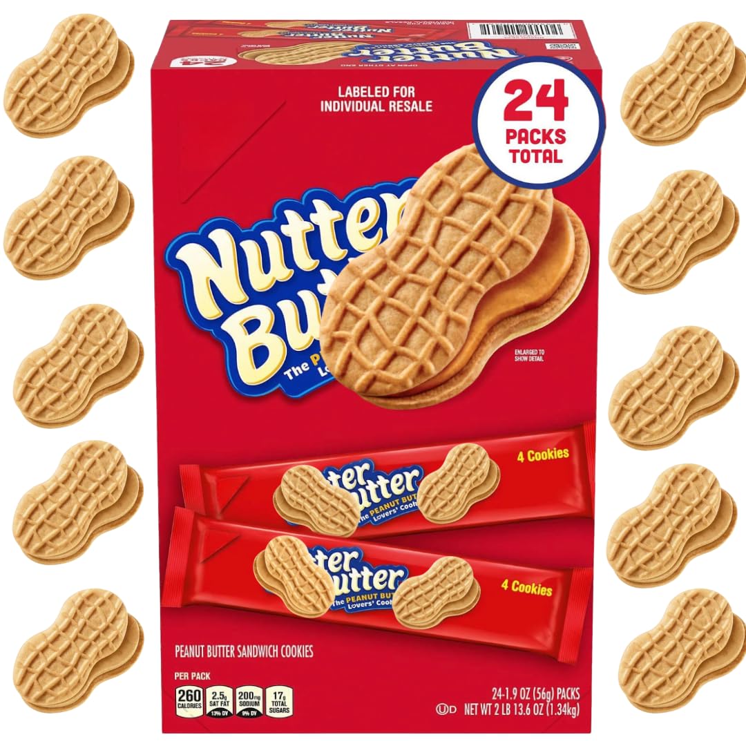 Nutter Butter Cookies - Classic Peanut Butter Sandwich Cookies  24 Pack - Individual Packs for Snack Lovers  Crunchy Peanut Butter Flavor  Perfect for Sharing  Great for Lunchboxes