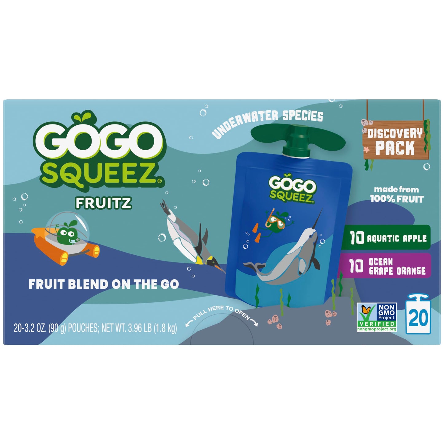 GoGo squeeZ Applesauce and Fruit Puree Underwater Species Discovery Pack  Aquatic Apple and Ocean G  3.2 oz Pouches (Pack of 20)  Unsweetened Snacks for Kids  BPA Free Pouches