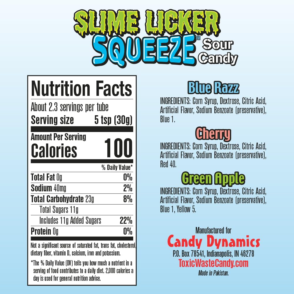 Toxic Waste - Slime Licker Squeeze - Sour Squeeze Slime Candy - Green Apple, Blue Razz, & Cherry Flavors - 2.47 Oz. Tubes - 12 P