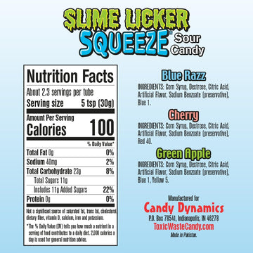 Toxic Waste - Slime Licker Squeeze - Sour Squeeze Slime Candy - Green Apple, Blue Razz, & Cherry Flavors - 2.47 Oz. Tubes - 12 P