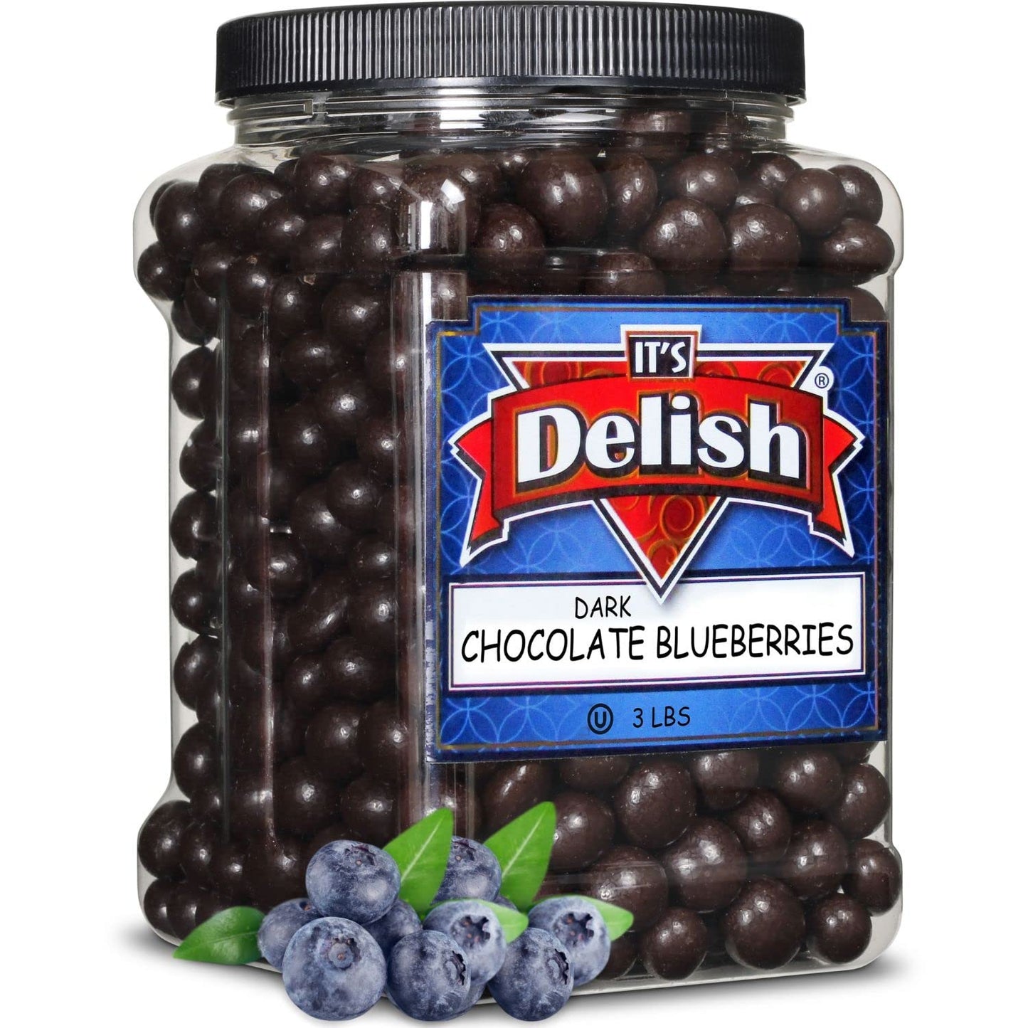Gourmet Dark Chocolate Blueberries By Its Delish, 3 Lbs Jumbo Container Jar | Dark Chocolate Covered Fruit With Real Dried Blueb