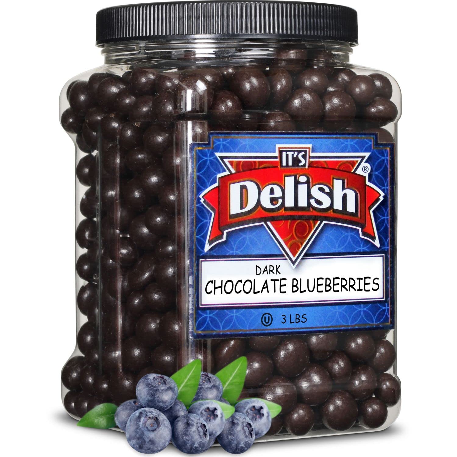 Gourmet Dark Chocolate Blueberries By Its Delish, 3 Lbs Jumbo Container Jar | Dark Chocolate Covered Fruit With Real Dried Blueb