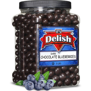 Gourmet Dark Chocolate Blueberries By Its Delish, 3 Lbs Jumbo Container Jar | Dark Chocolate Covered Fruit With Real Dried Blueb