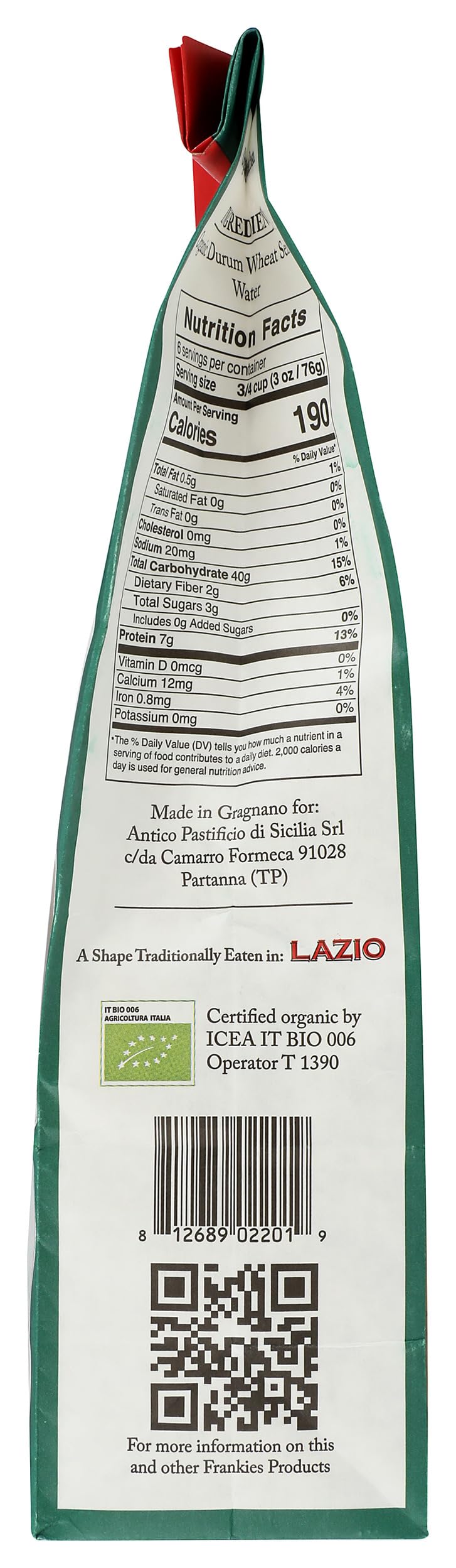 Frankies 457 Artisanal Mezze Maniche Pasta - Usda Organic Certified - Premium Italian Handcrafted Pasta -Imported From Italy 16O