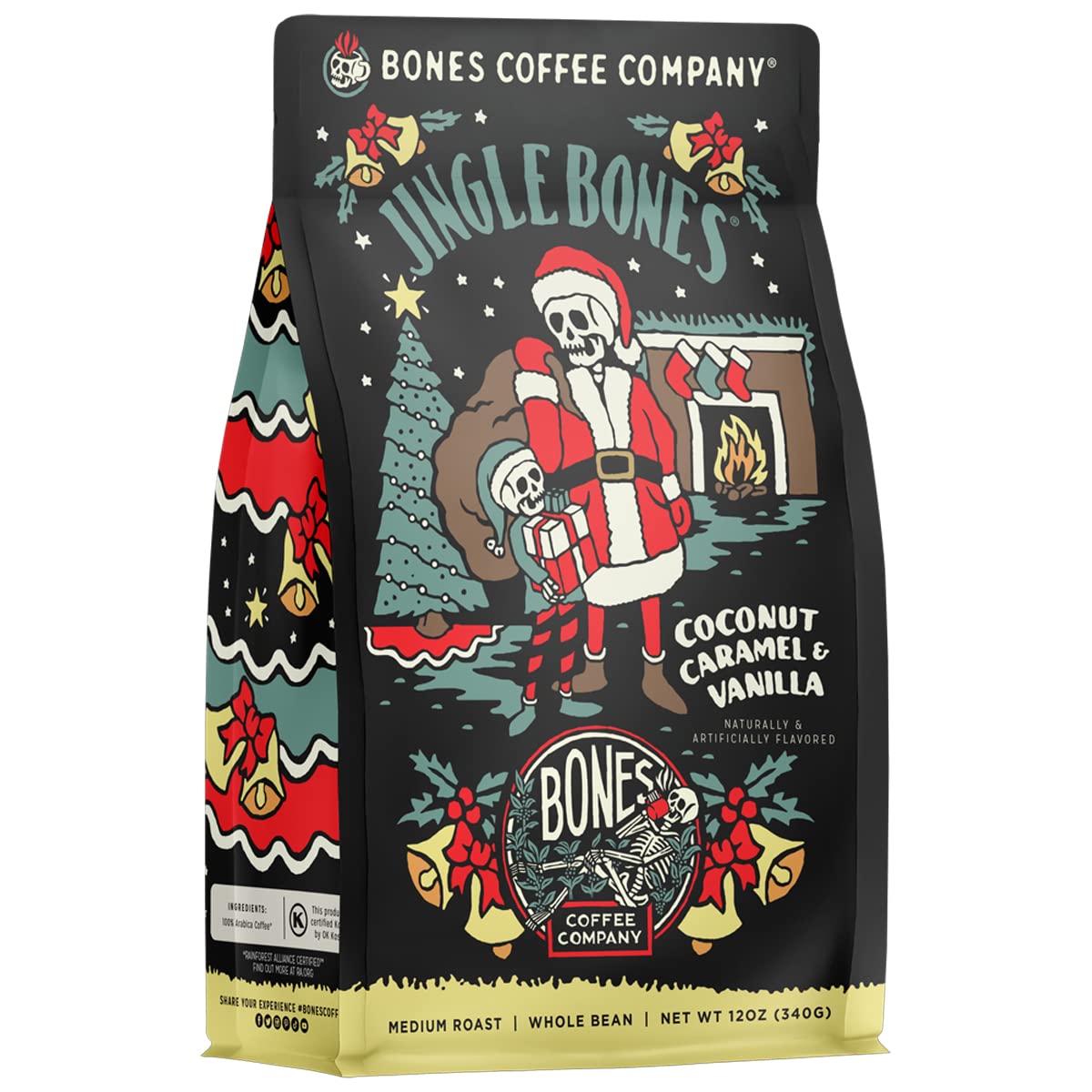 Bones Coffee Company Jingle Bones, Caramel Vanilla Coconut Flavored Coffee, Medium Roast Low Acid Arabica Beans Compatible with 