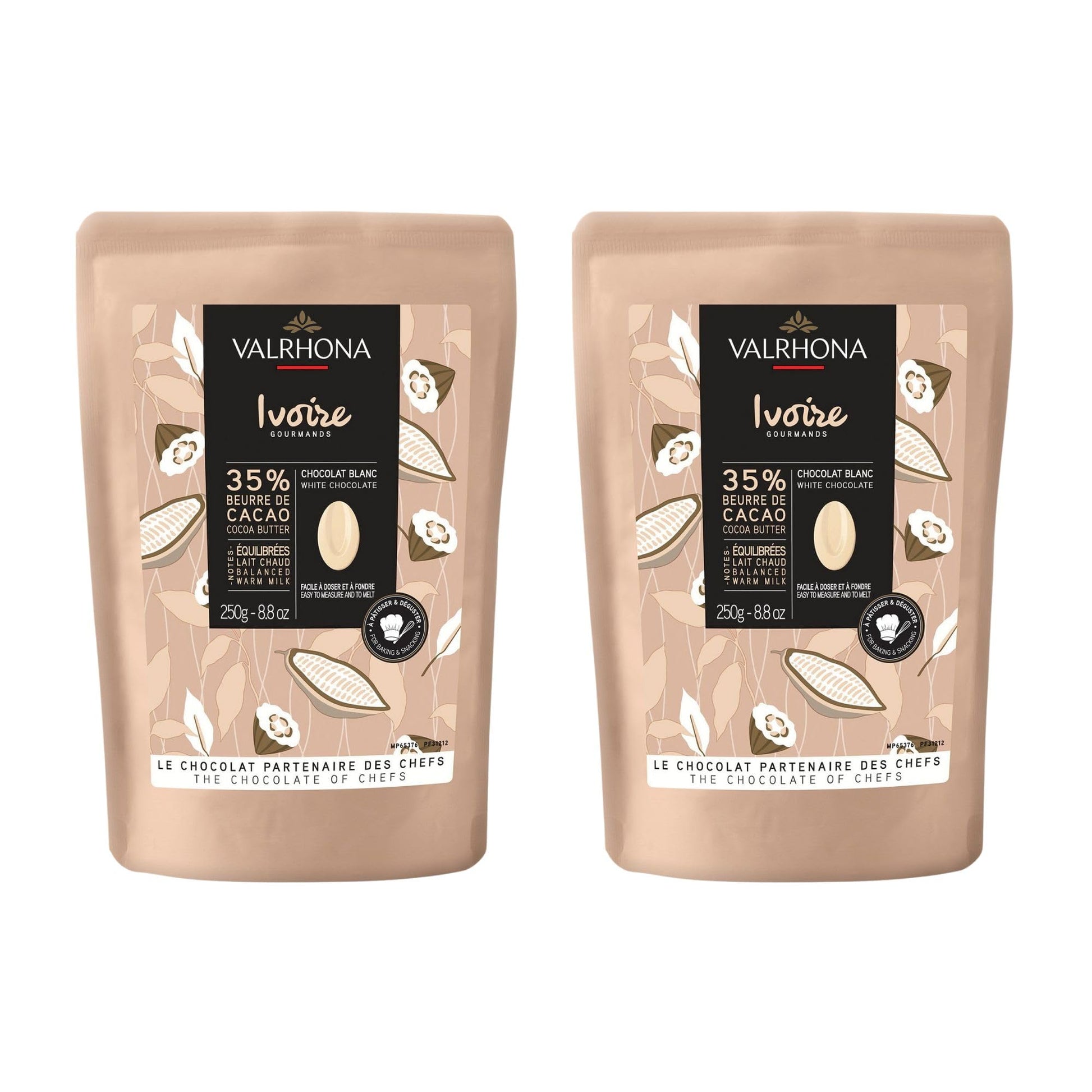 Valrhona Top-Grade French Baking Creamy White Chocolate Discs (Feves) Ivoire 35% Cacao. Easy Melt And Tempering. Hints Of Vanilla & Warm Milk. For Sauces  Mousses  Frostings And Candies 250G (Pack Of 2)