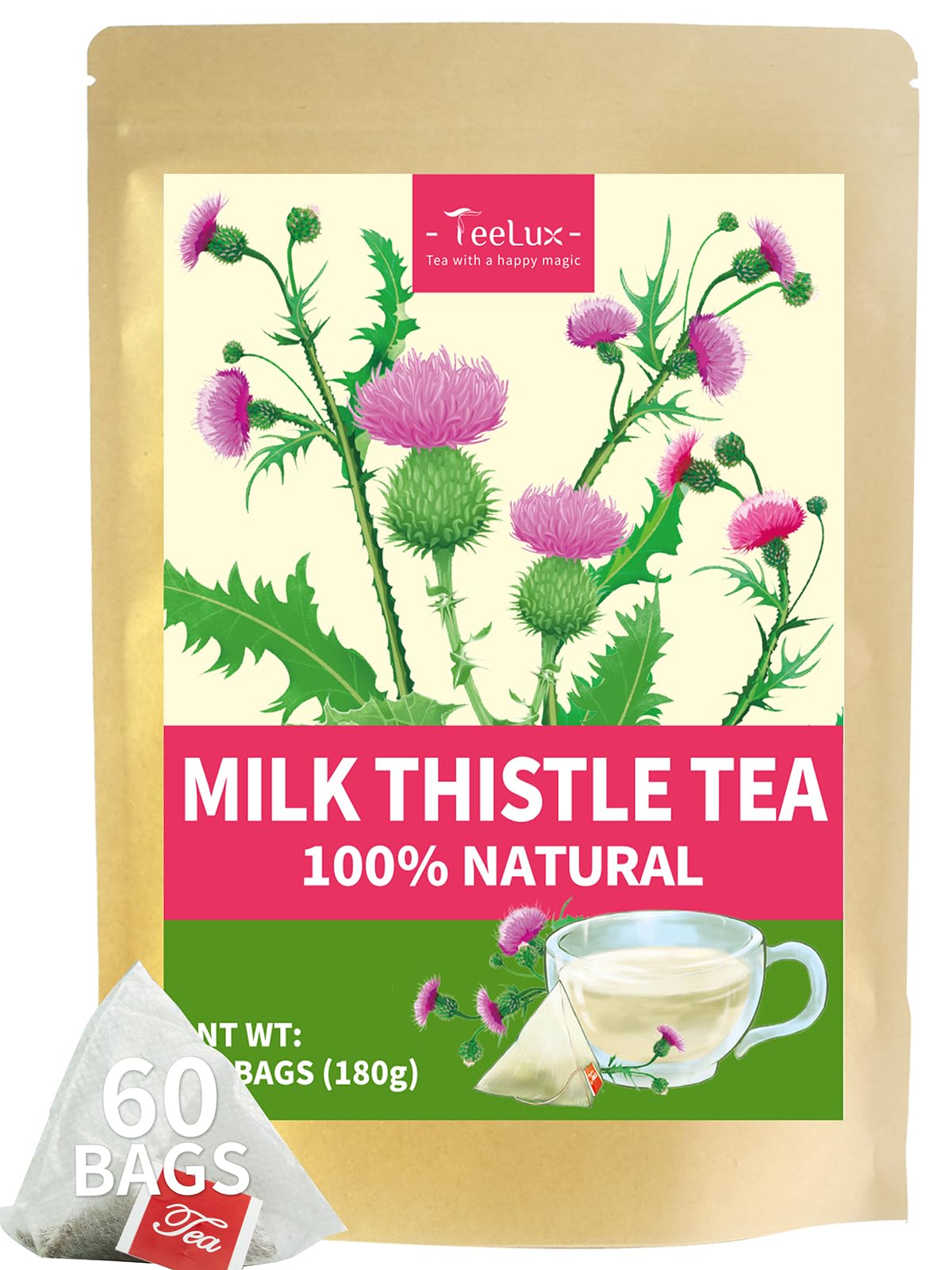 TeeLux Milk Thistle Tea Bags, Caffeine Free, Mild & Mellow Taste, 60 Count