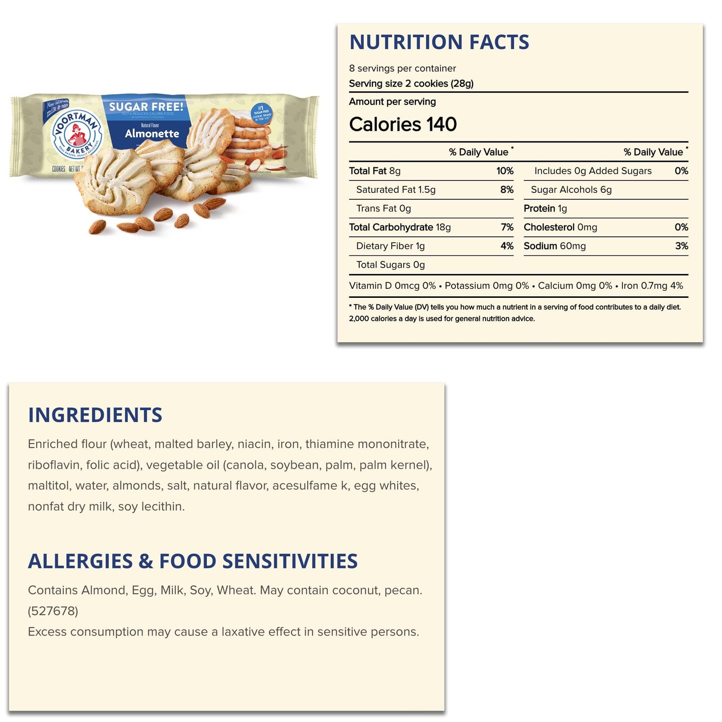 Voortman Bakery #1 In U.S. Zero Sugar Cookies - Iced Almonette Cookies (Pack Of 4 X 8 Oz Ea) Made Real Ingredients ... Delicious