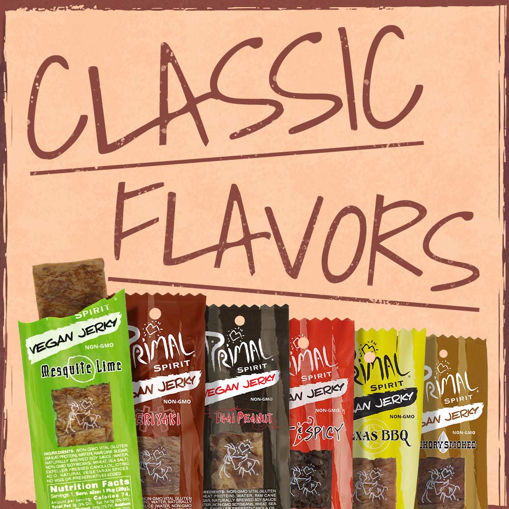 Primal Spirit Vegan Jerky - Classic Flavor, Mesquite Lime, 12 Pack (1 oz each), Plant-Based Protein, Non-GMO, No Preservatives