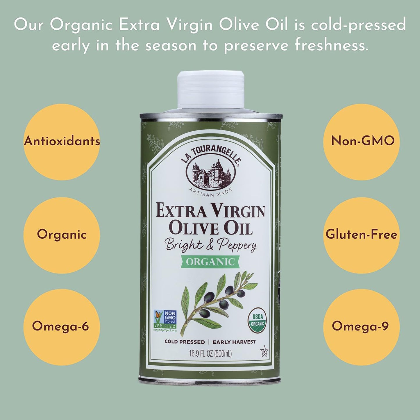 La Tourangelle, Organic Extra Virgin Olive Oil, Cold-Pressed High Antioxidant Picual Olives From Spain, 16.9 Fl Oz