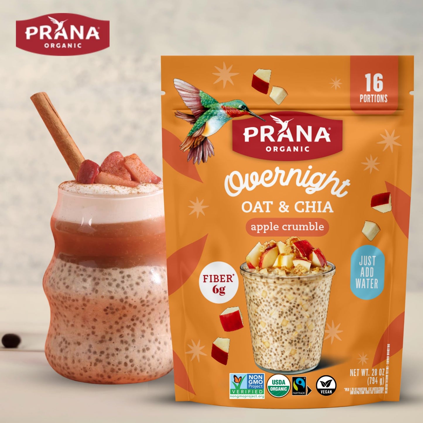 Prana Organic Overnight Chia with Oats Apple Crumble - Vegan, Non-GMO, High Fiber & Protein, Ready to Eat Breakfast, 28 oz (2 Pack)