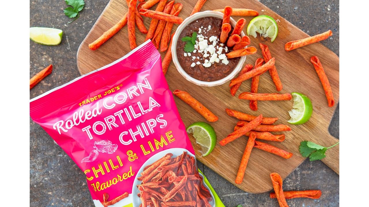Trader Joes Rolled Corn Tortilla Chips Chili & Lime Flavored Net Wt. 9 Oz (255g) - Pack of 4