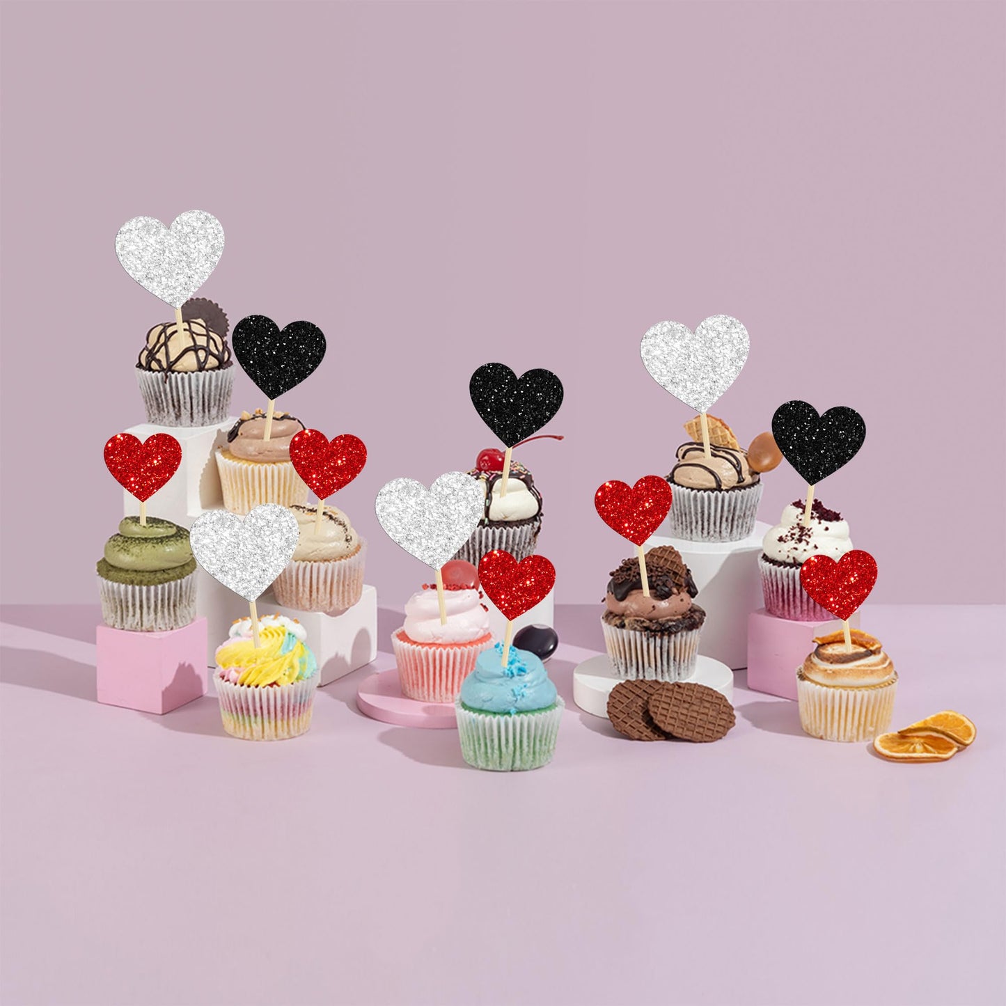 Gyufise Heart Cupcake Toppers, 30Pcs Glitter Cake Picks for Valentines Day, Wedding, Birthday Party - Black Red Silver