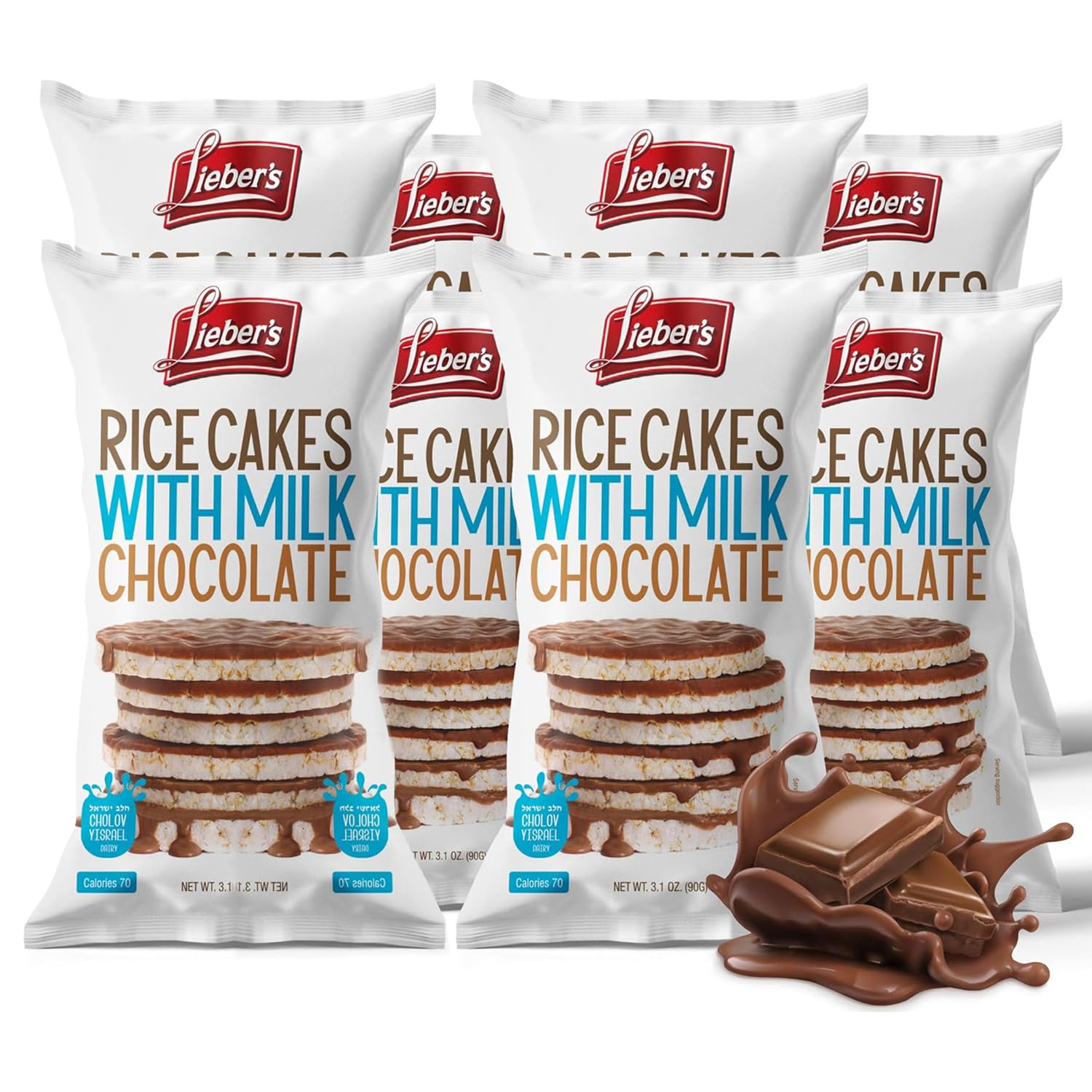 Liebers Milk Chocolate Rice Cakes, Kosher Certified Dairy, Gluten Free Snack (Pack Of 8) (Milk Chocolate)