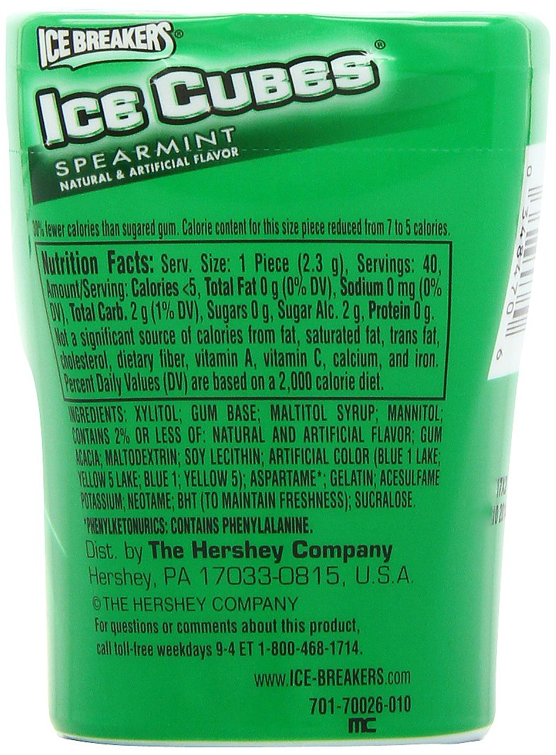 Ice Breakers Ice Cubes Spearmint Chewing Gum (Sugar Free, 40-Count Pieces, Pack Of 8)