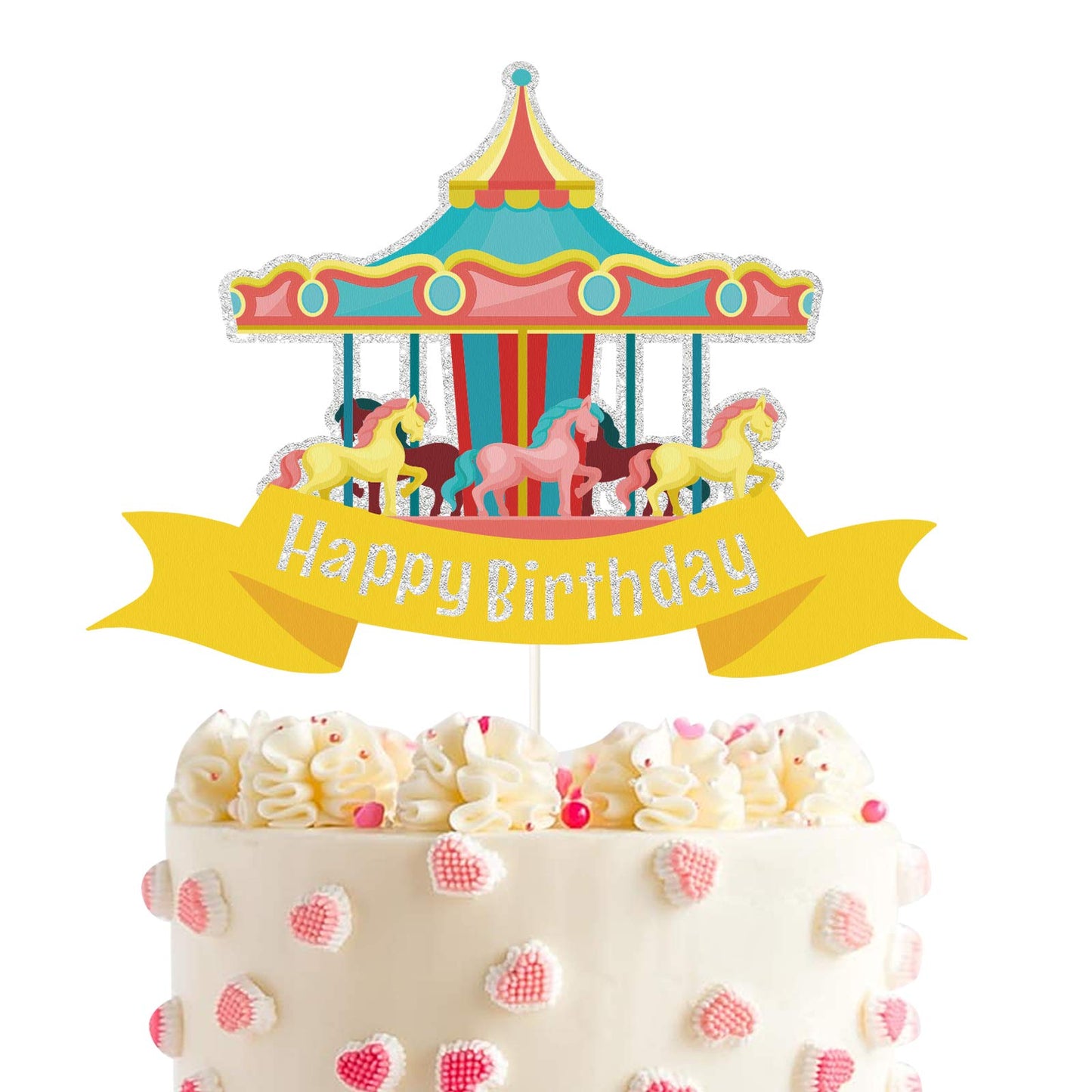 ChienMin Glitter Carousel Cake Topper for Birthday, Holographic Paper Decoration for Little Girl Fairy Tale Theme