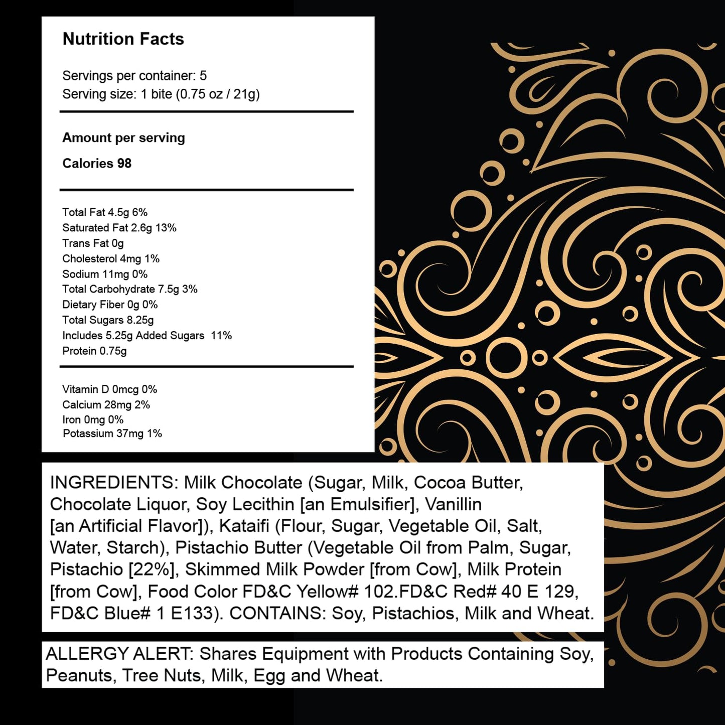 Dubai Chocolate Bar Pistachio Knafeh Mini Bites - Luxury Milk Chocolate, Gift Wrapped Fresh, Enhanced Pistachio Cream Kataifi Filling 0.85 Oz 5 Count Lovetta Chocolate