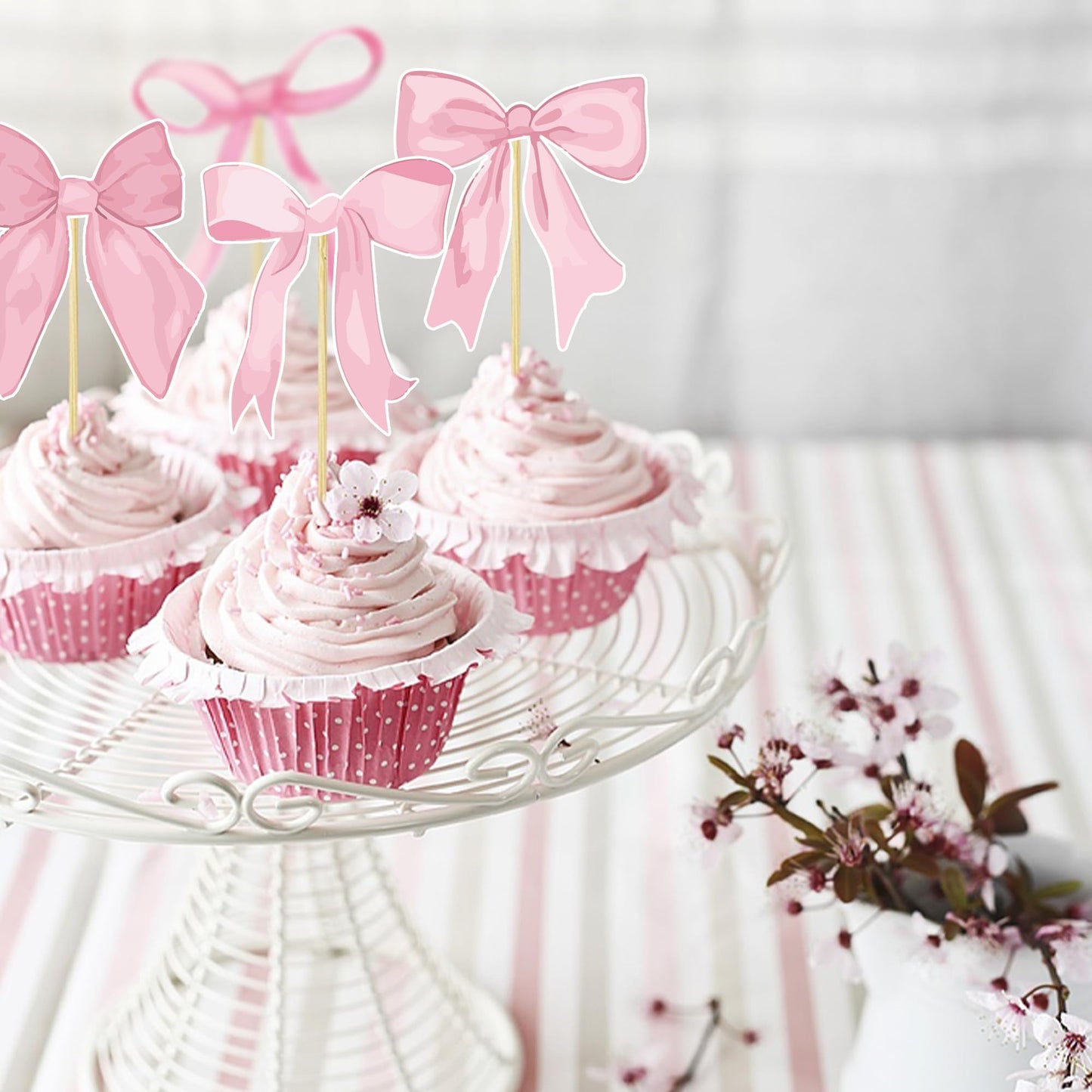 36 Pcs Bow Cupcake Toppers Suitable For Girls Birthday Party Anniversaries Baby Shower Pink Bow Birthday Cake Decorations Single