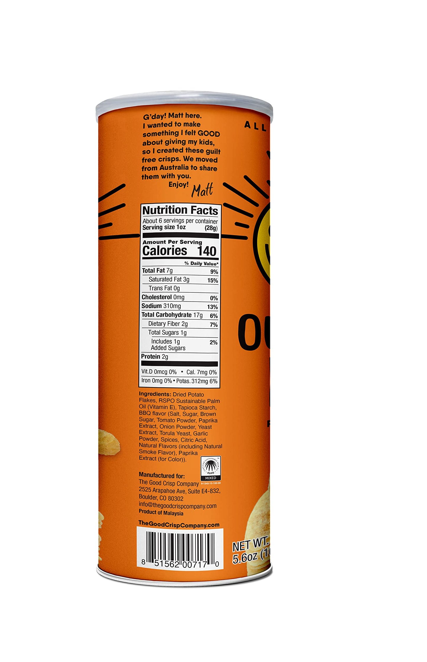 The Good Crisp Company, Outback Bbq, Gluten Free Potato Chips (5.6 Ounce Canisters, Pack Of 8), Non-Gmo, Allergen Friendly, Potato Chip Snack Pack, Gluten Free Snacks