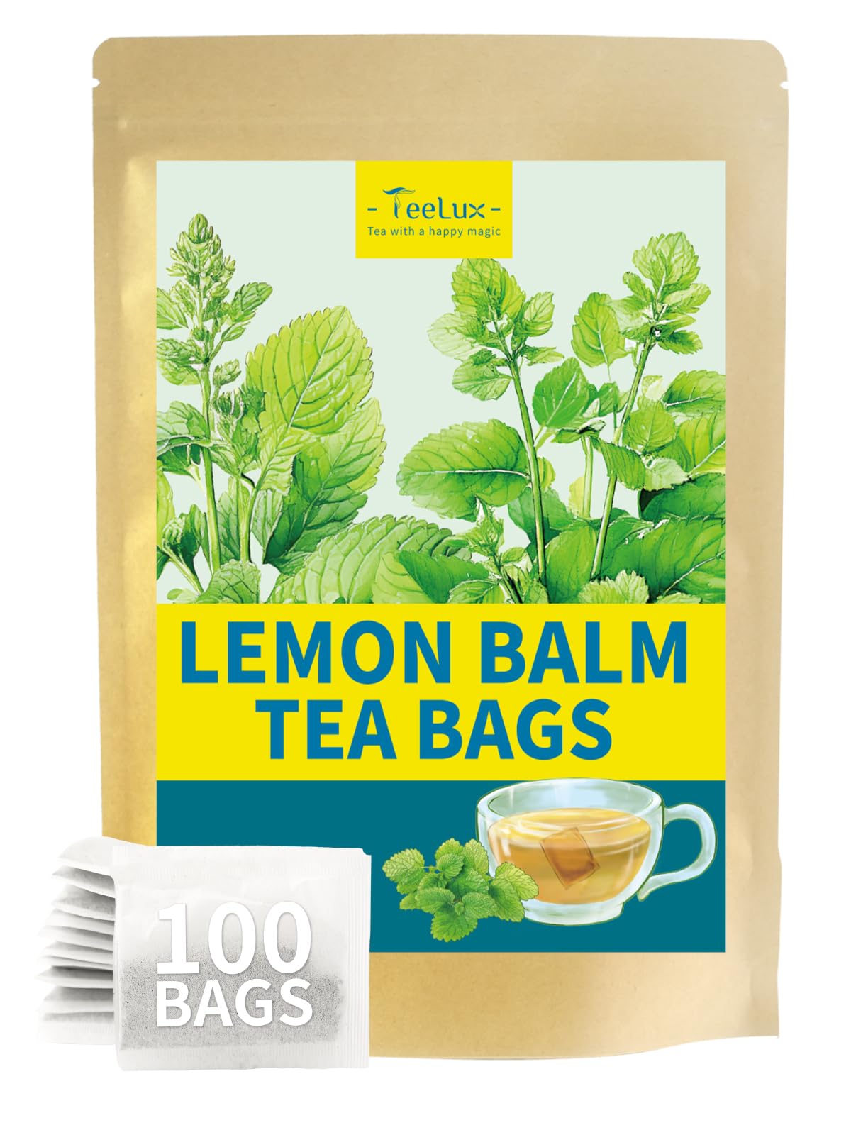 TeeLux Lemon Balm Tea Bags, Caffeine Free Herbal Tea, Lemony Flavor, 100 Count