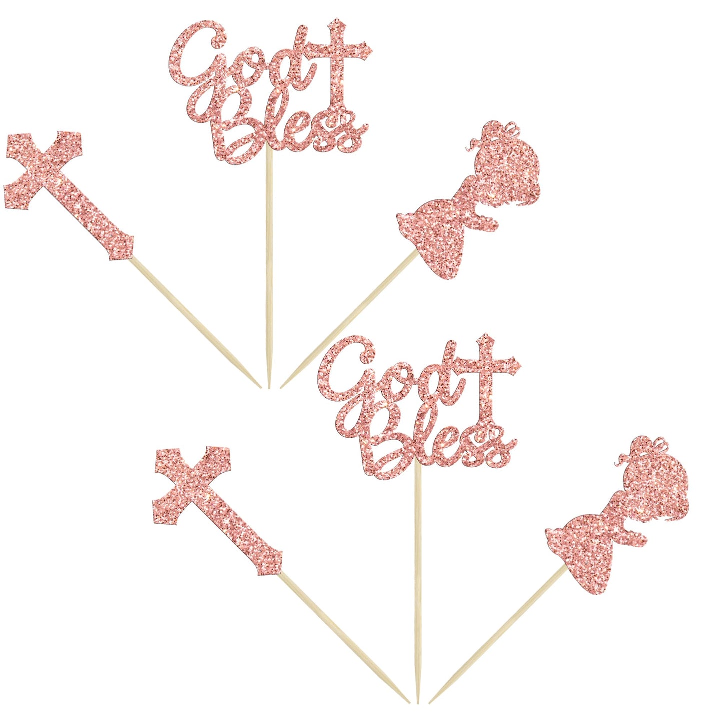 Gyufise 24Pcs Rose Gold Glitter Girl God Bless And Baptism Cupcake Toppers Cross Babyshower Cupcake Picks First Communion Christ