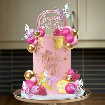 41 Pcs Balls Cake Decorations Flower Butterfly Cake Topper With Hot Pink And Gold Balls Balls Happy Birthday Cake Topper For Wed