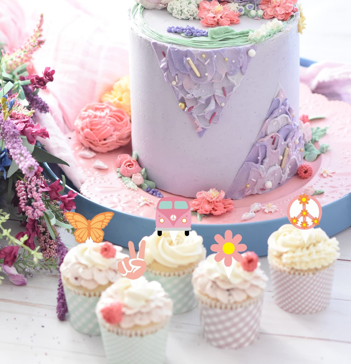 48Pcs Hippie Party Cupcake Toppers For Two Groovy Birthday Party Decorations Boho Rainbow Party Supplies