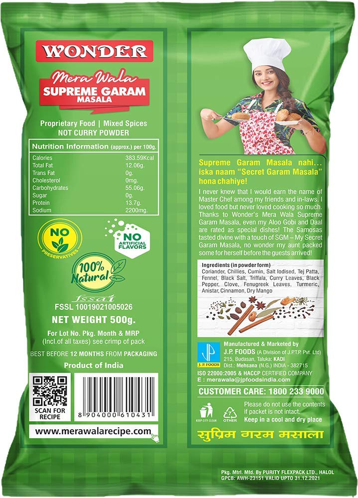Wonder Mera Wala Supreme Garam Masala Powder, 500Gm / Aromatic Blended Spices/For Delicious & Flavourful Cooking/No Artificial F
