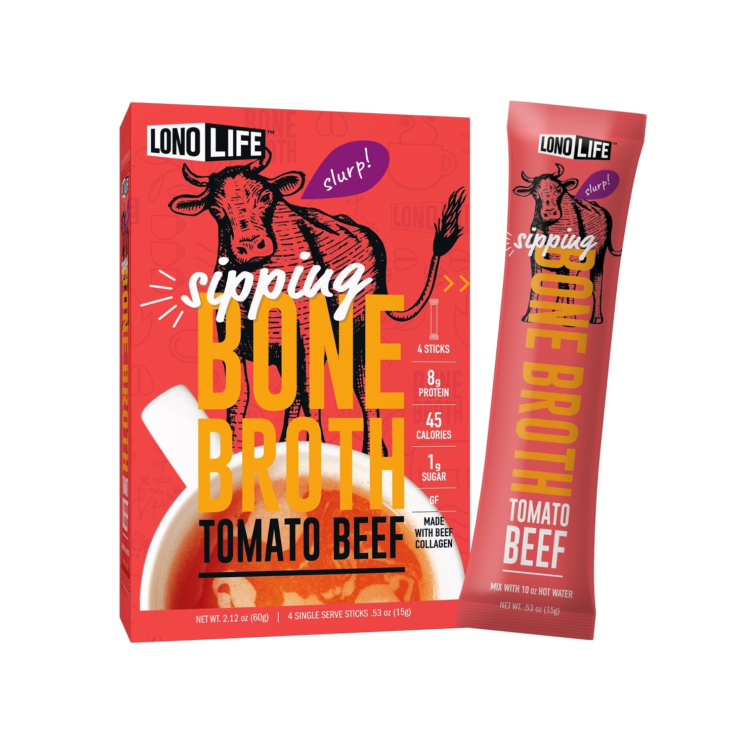 LonoLife Tomato Beef Bone Broth Powder Mix, Grass-Fed, 10g Protein, 4 Stick Packs, Keto & Paleo Friendly