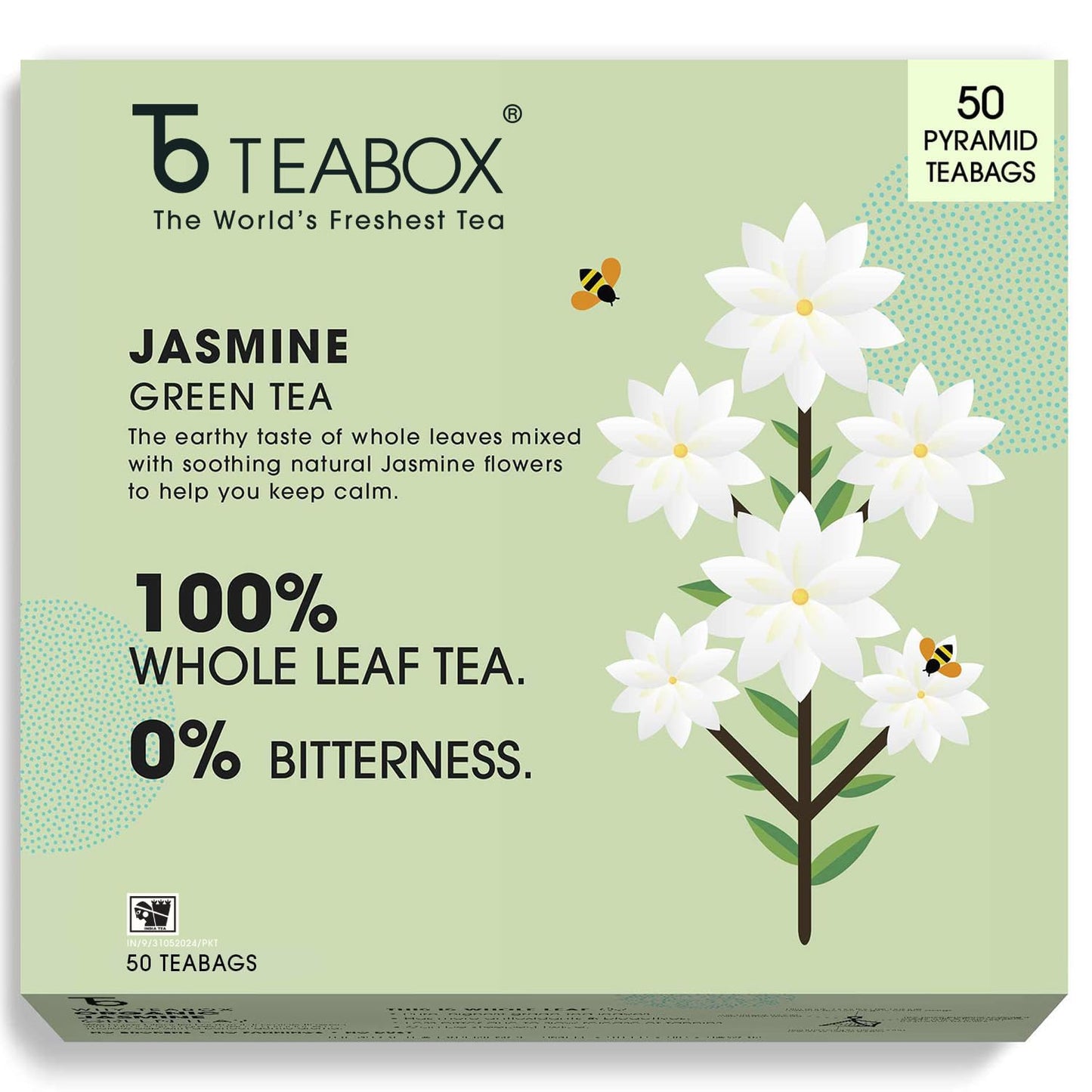 Teabox Organic Jasmine Green Tea 50 Teabags | Sourced From Madurai | For Calm Mind And Relaxation | Made With 100% Whole Leaf, N