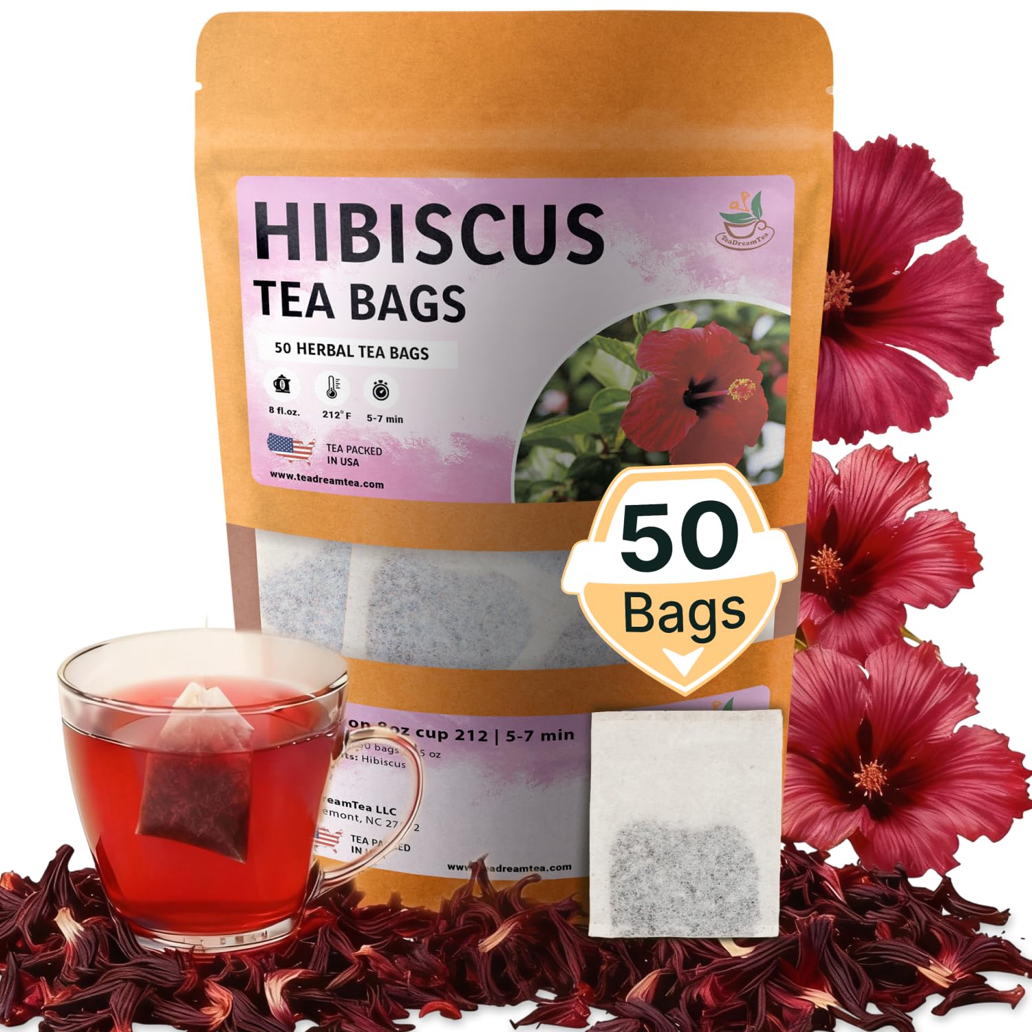 Teadreamtea Hibiscus Tea Bags | 50 Bleach-Free Tea Bags | Caffeine Free | Dried Hibiscus Flowers | Hibiscus Flower Tea | Dried Flower Tea | Brew Hot Or Iced |Herbal Hibiscus Tea