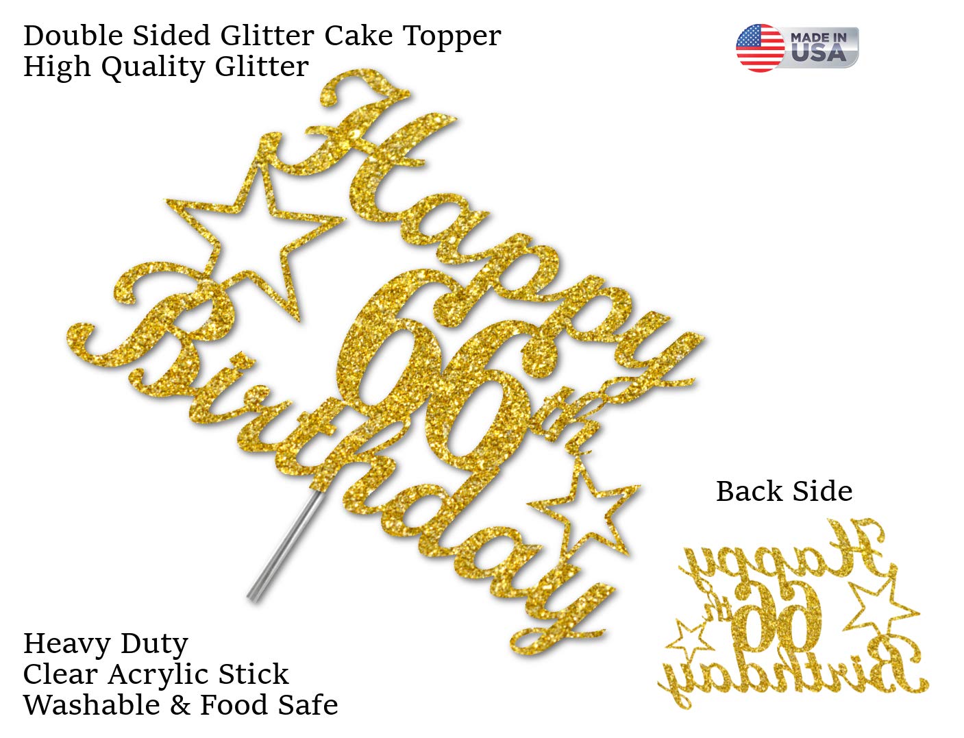 66 Birthday Cake Topper Gold Glitter, Party Decoration Ideas, Premium Quality, Sturdy Doubled Sided Glitter, Acrylic Stick. Made
