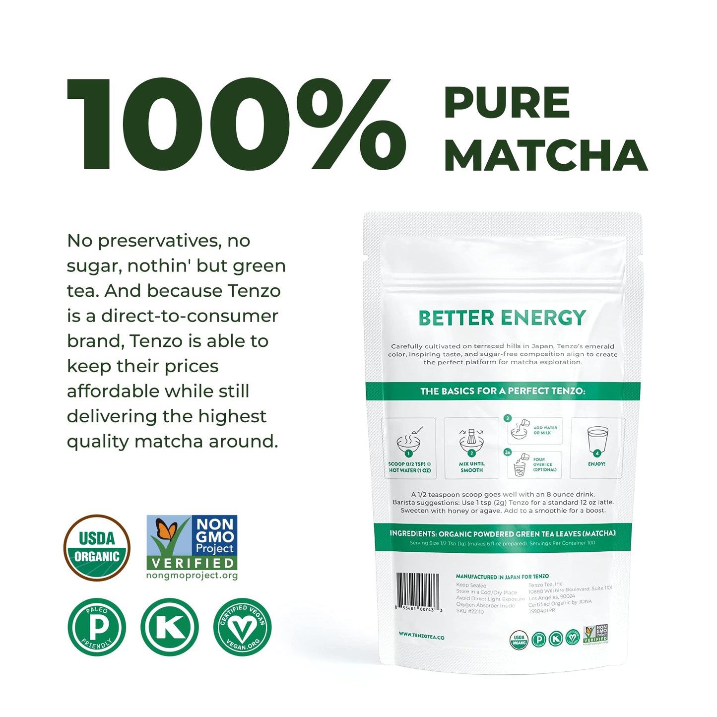 Tenzo Tea Matcha Green Tea Powder - USDA Organic Ceremonial Grade - Paleo  Kosher  Vegan - Authentic Japanese Matcha - Original Latte Powder 3.53 Ounce
