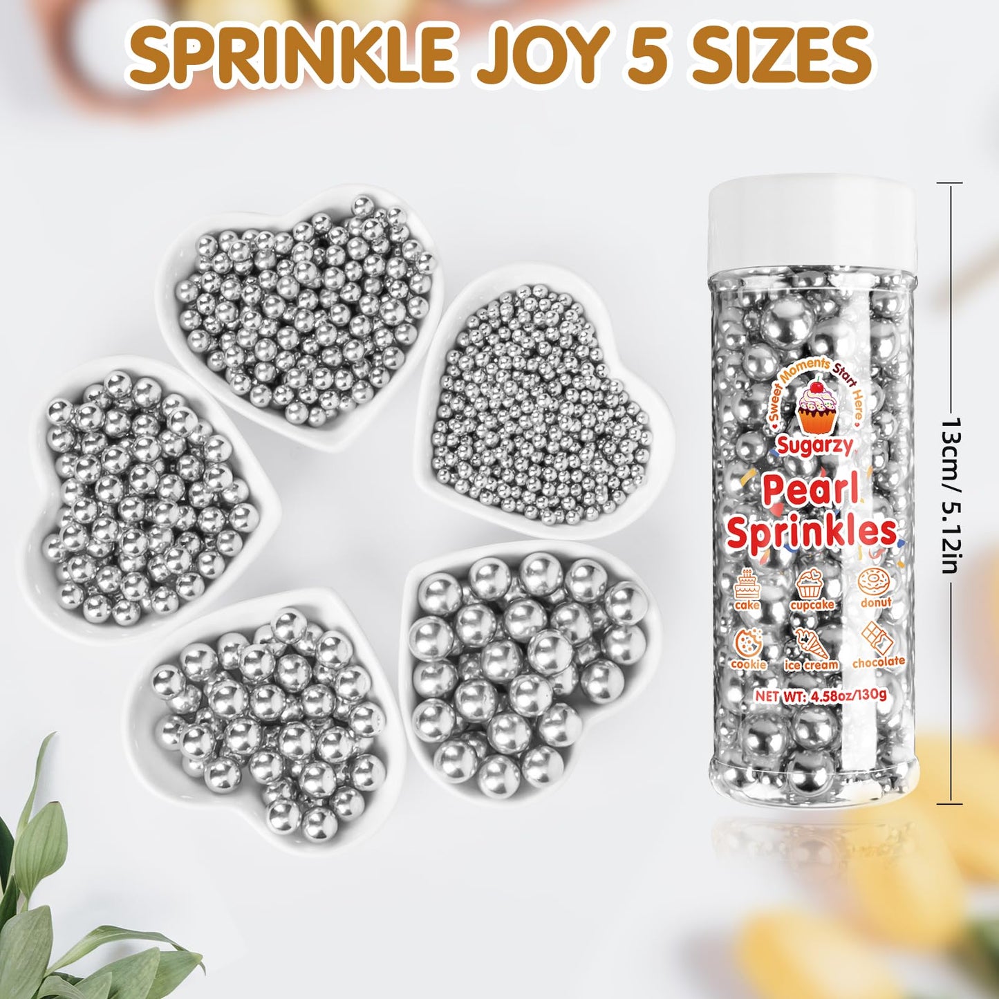 Sugarzy Edible Pearl Sugar Sprinkles for Cake Decorating, 130g, Silver Pearl, Large Size, Ideal for Cupcakes and Cookies