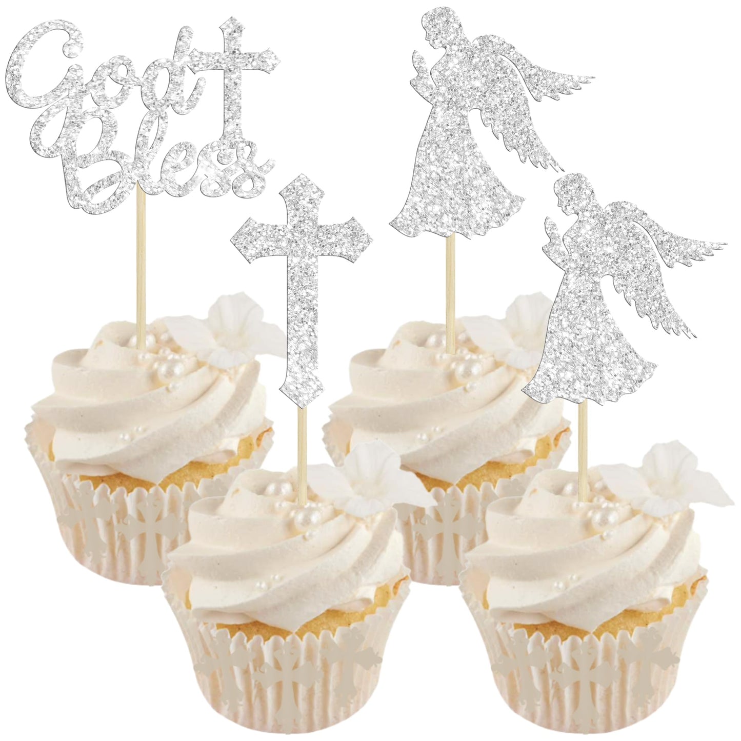 Gyufise Cupcake Toppers, 24Pcs Silver Glitter Cross and Angel Picks, Christian Party Decoration, Small, Paper, Model UKZN0096-SL