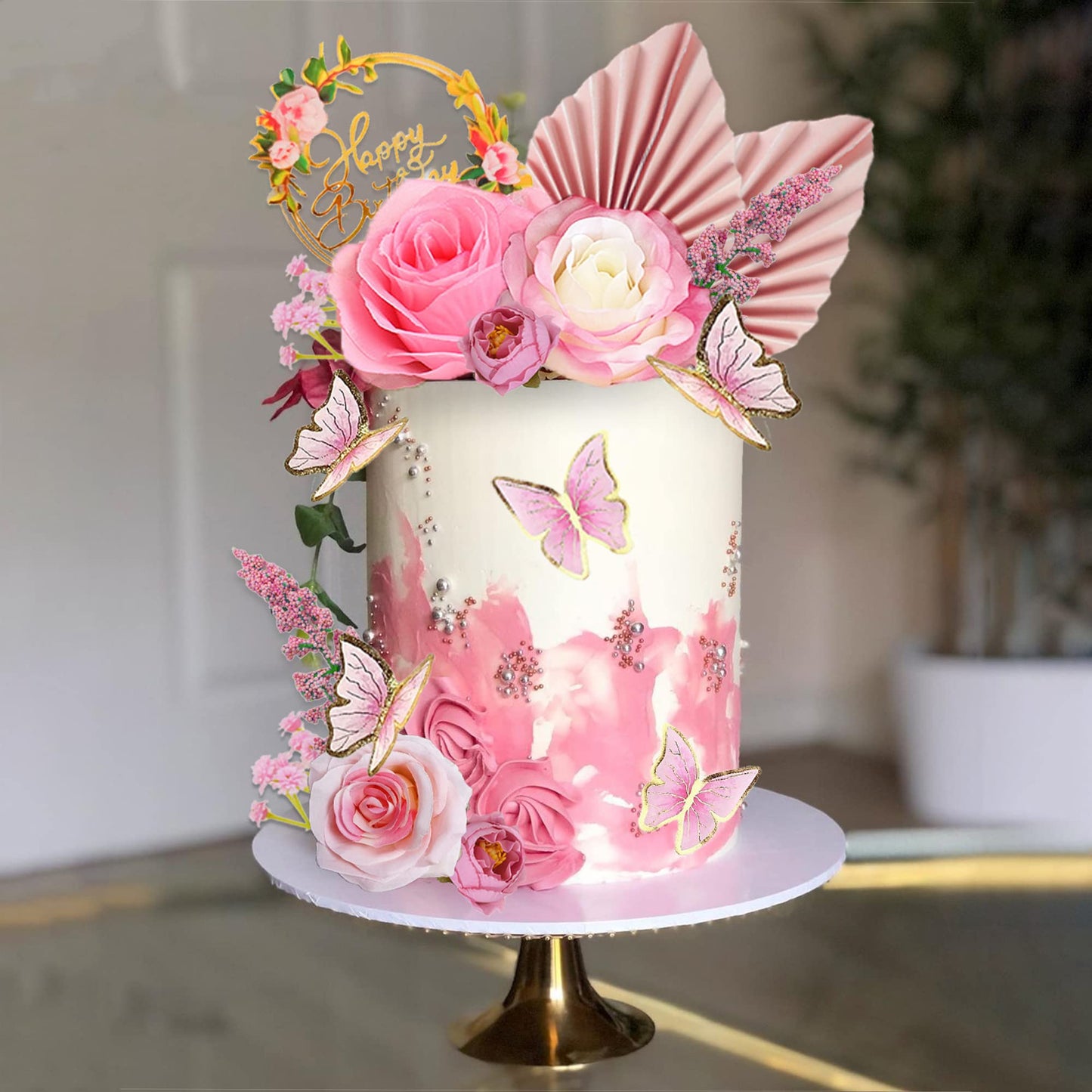 17 Pcs Flower Cake Toppers Boho Cake Toppers Butterfly Cake Decorations With Light Artificial Roses Eucalyptus And Butterflies F
