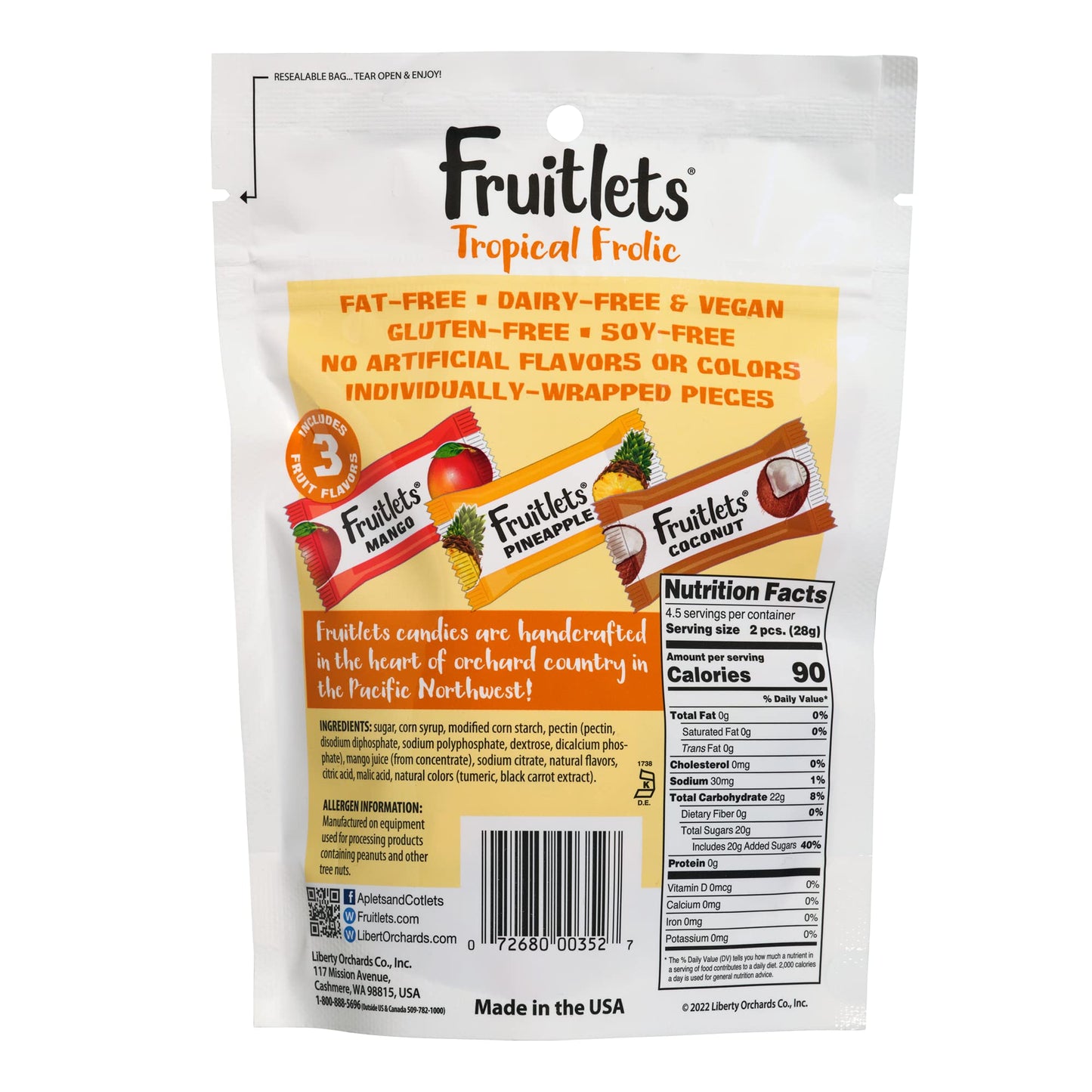 Liberty Orchard, Tropical Frolic Fruitlets - Soft & Fruit, Signle-Wrapped Nut Free Candies 4.5 oz