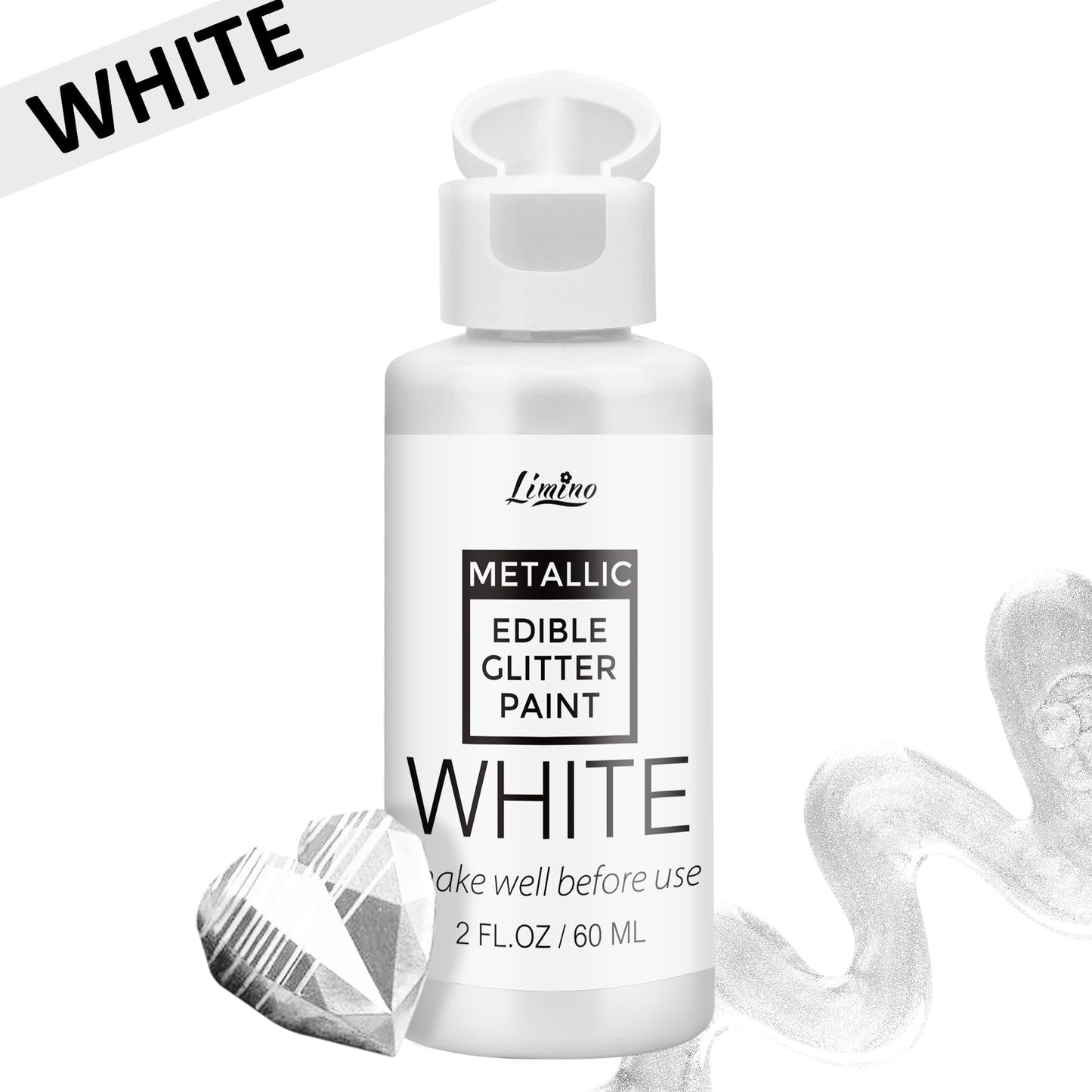 Limino Edible Glitter Paint - Food Grade Metallic Cake Paint, 2 fl. oz, White for Decorating, Baking, Cupcakes