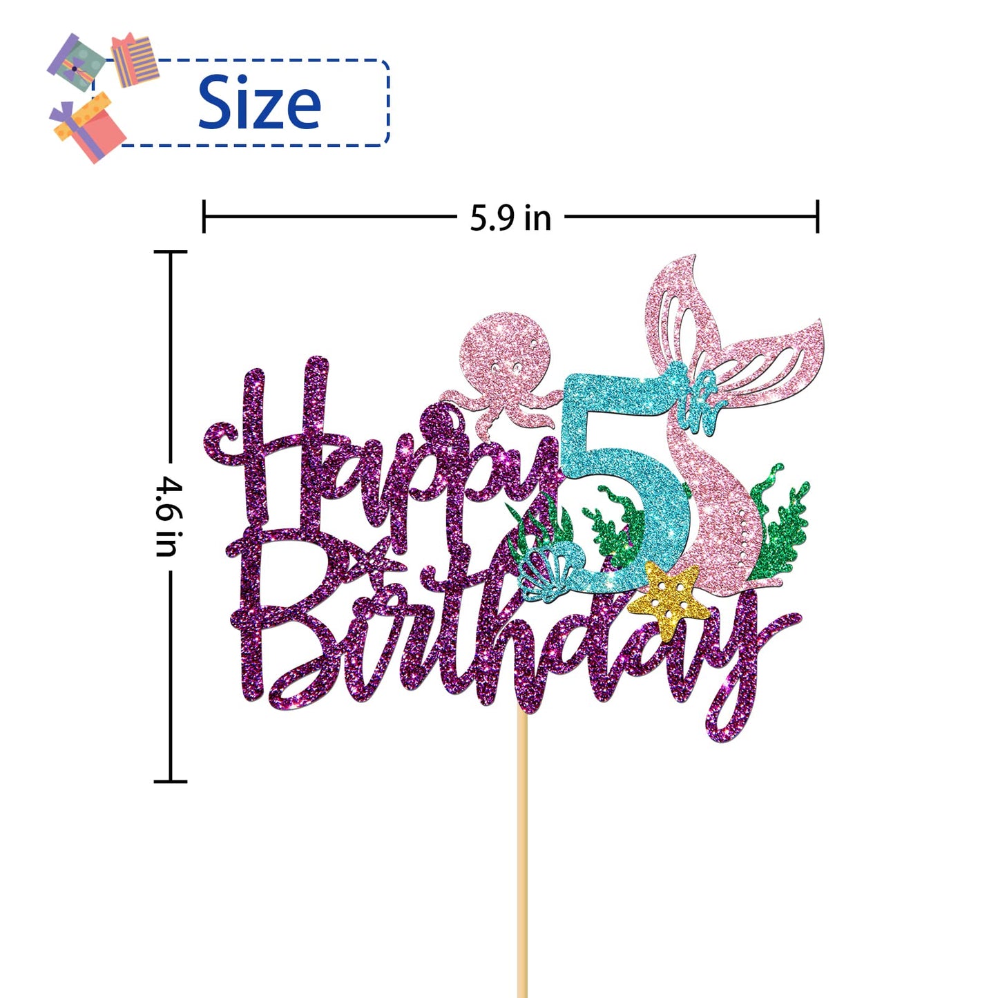 Roadsea Mermaid Happy 5Th Brithday Cake Topper - Under The Sea Theme Girl Kid Five Birthday Cake Supplies/Ocean World 5Th Mermai