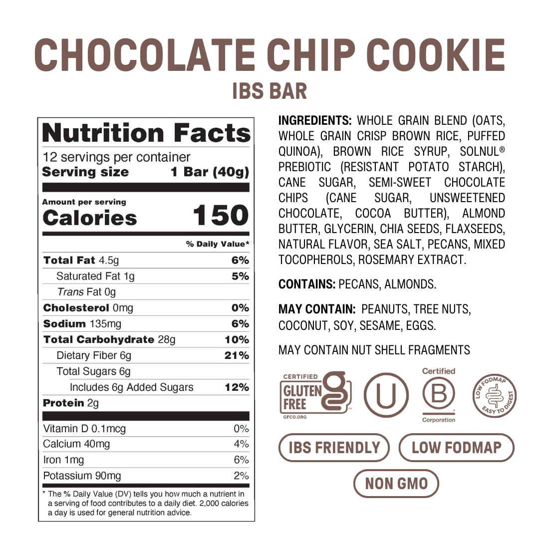 Fody Foods IBS Snack Bars  Chocolate Chip Cookie  1.41 Oz (Pack of 12)  6g Prebiotic Fiber  Low FODMAP  Gut & IBS Friendly  Lactose Free  Non-GMO  Gluten Free