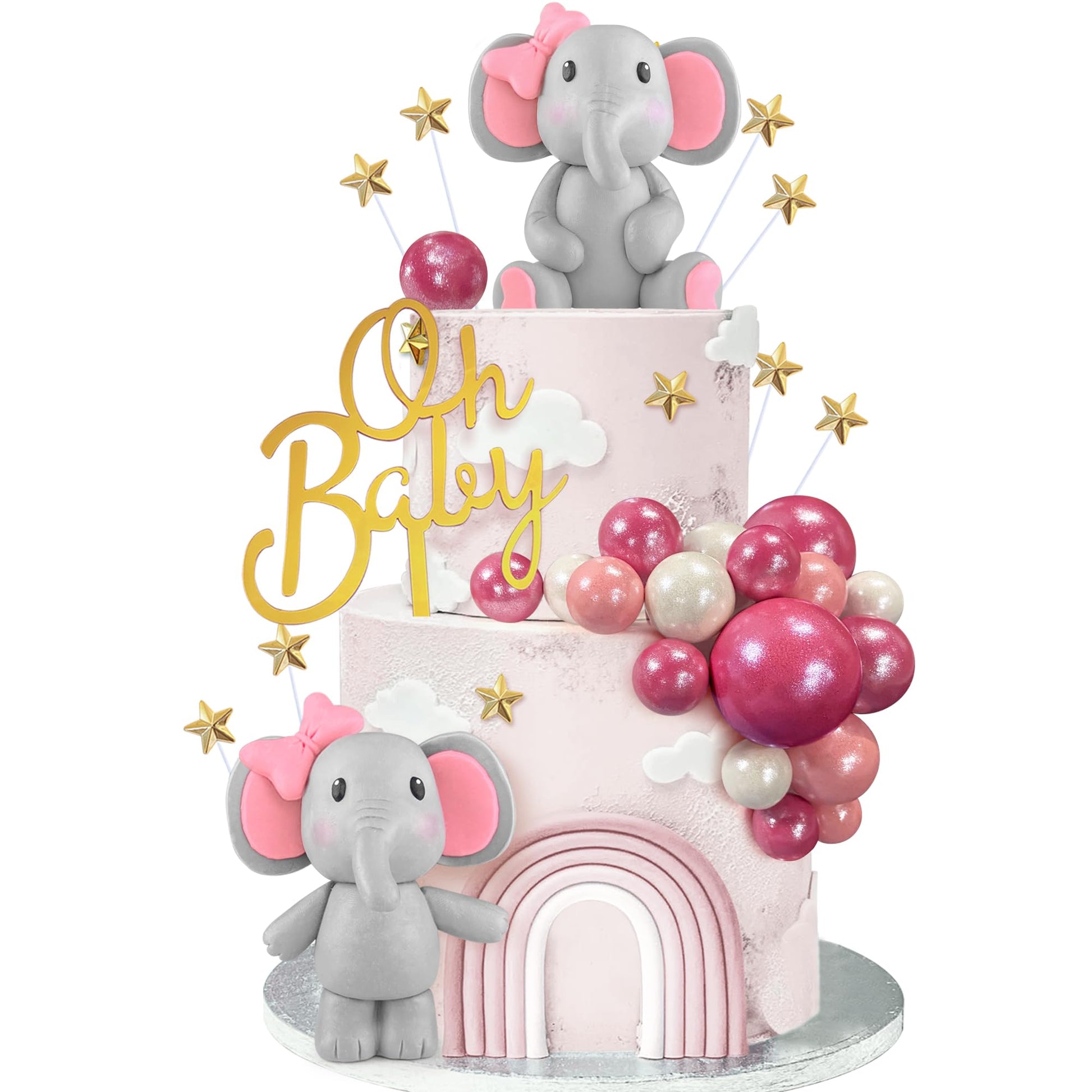 38 Pcs Elephant Cake Decoration Cute Baby Elephant Cake Decorations Oh Baby Cake Topper Star Cake Topper Pink Pearl Balls Cake P