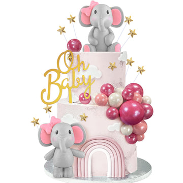 38 Pcs Elephant Cake Decoration Cute Baby Elephant Cake Decorations Oh Baby Cake Topper Star Cake Topper Pink Pearl Balls Cake P